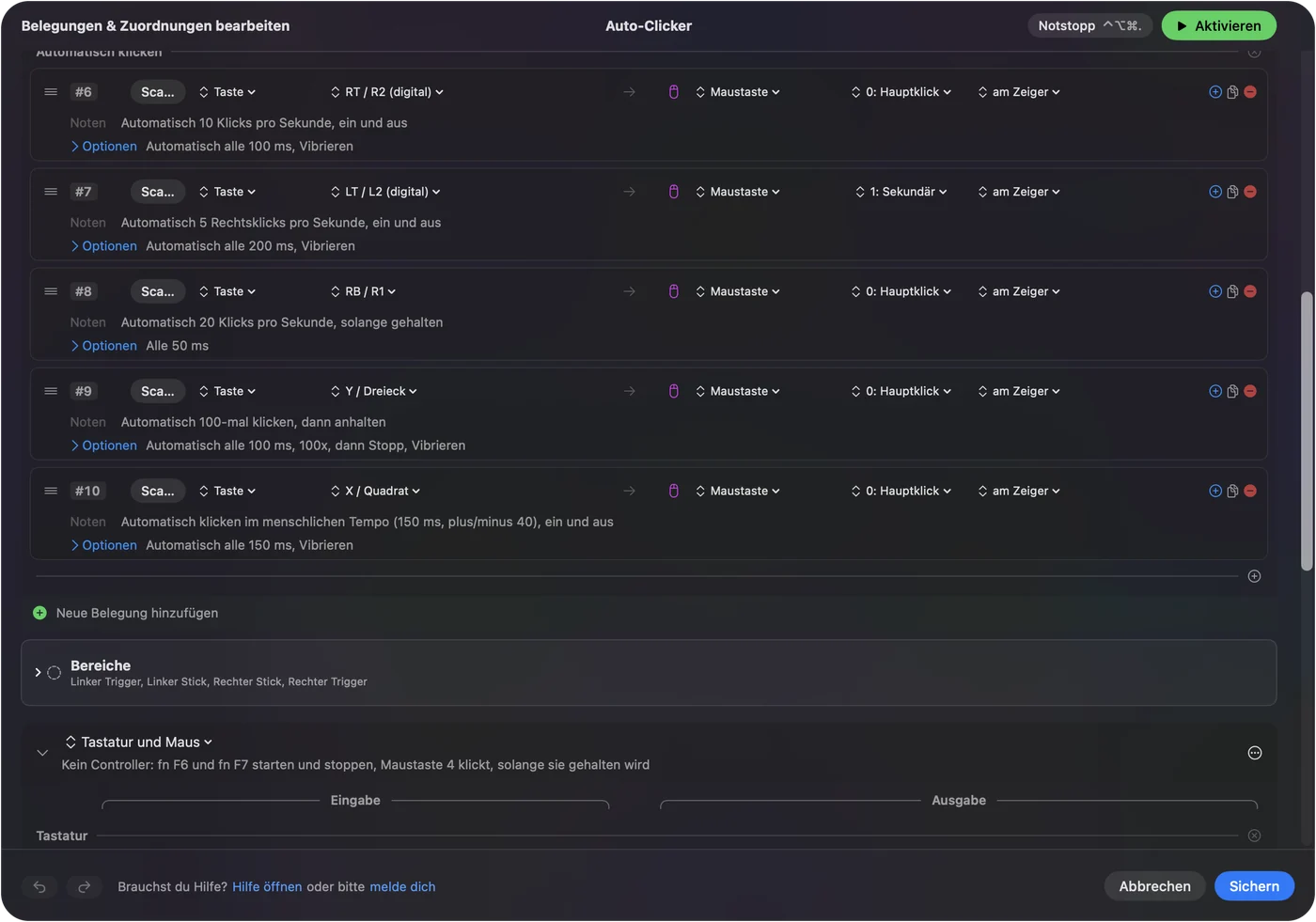 Zeilen des eingebauten Presets Auto Clicker in InputConfig: Controller-Tasten, die Main Click oder Secondary am Zeiger senden, mit Notizen wie Auto click 10 a second, Auto click 100 times then stop und ein menschliches Tempo von 150 ms plus minus 40.