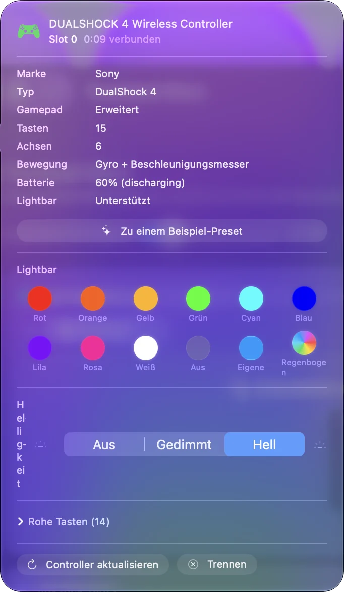 Das Popover des Controllers in InputConfig für einen DualShock 4 mit Akkustand und Farbe der Lichtleiste.