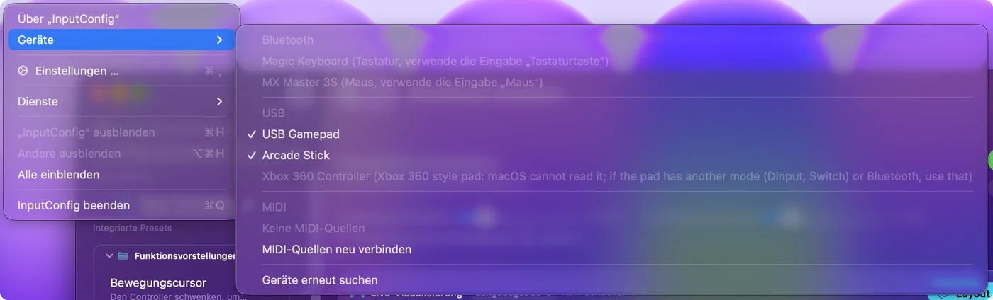 Das Menü Devices von InputConfig mit Bluetooth- und USB-Geräten, mit Haken bei denen, die InputConfig liest, und einem ausgegrauten Eintrag.