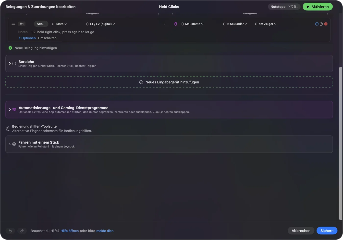 Eine Zeile in InputConfig auf LT / L2, die Mouse Button 1: Secondary sendet, mit der Notiz hold right click, press again to let go und Options auf Toggle.