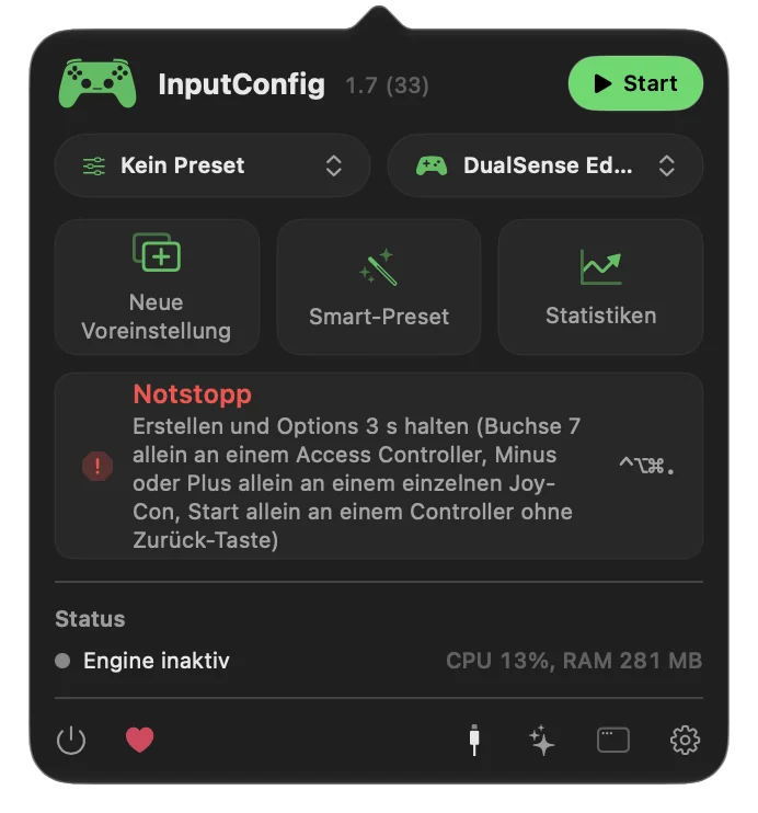 Das Menüleisten-Popover von InputConfig mit der Taste Emergency Stop, darunter dem Halten am Controller und rechts dem Tastenkürzel.