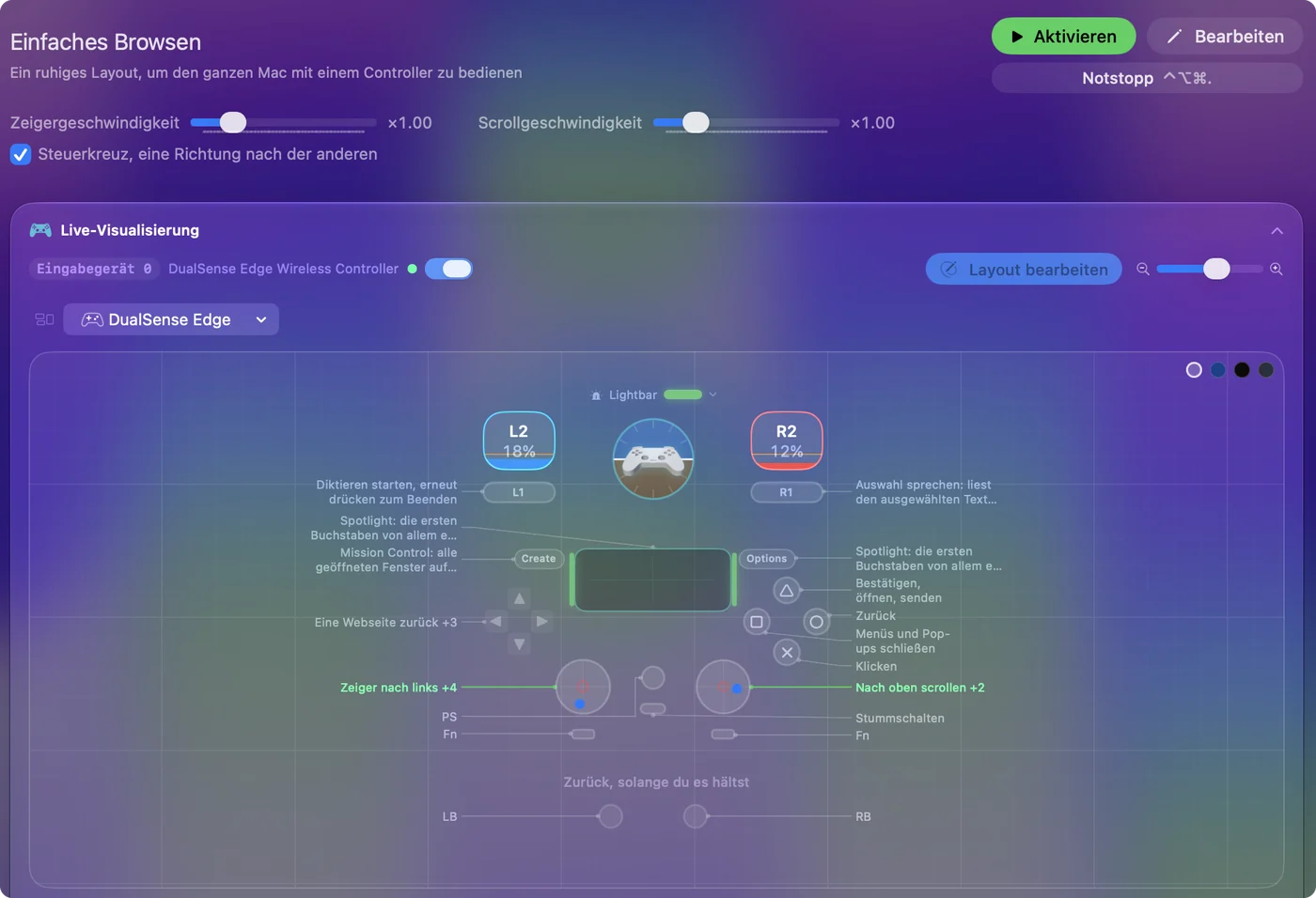 Eine Preset-Seite in InputConfig mit den Reglern Pointer speed und Scroll speed über einem Live Visualizer eines DualSense Edge.