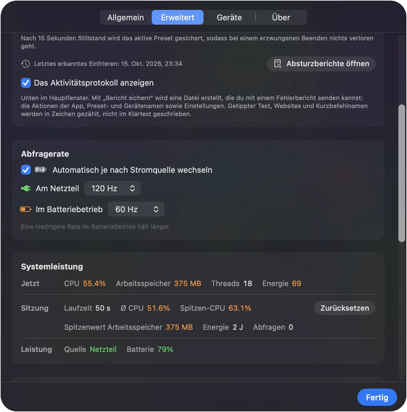 Die Einstellungen von InputConfig, Reiter Advanced, mit dem Feld Polling rate: Auto-switch on power source angehakt, On power adapter bei 120 Hz und On battery bei 60 Hz, darunter die Zahlen von System performance.