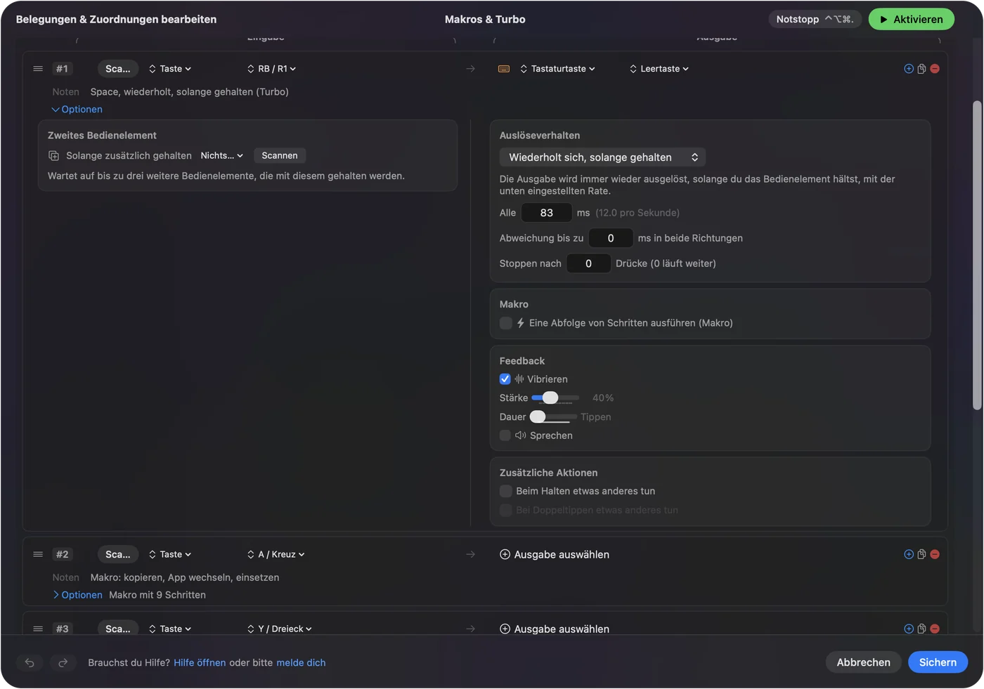 Die R1-Zeile des Presets Macros and Turbo in InputConfig, die Space sendet, mit How it fires auf Repeats while held, Every 83 ms als 12,0 pro Sekunde angezeigt, Vary by up to 0 und Stop after 0, mit angehaktem Vibrate.