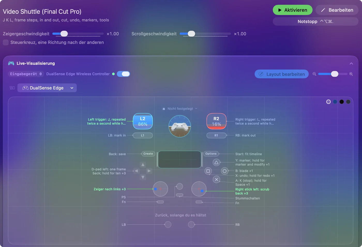 Das Preset Video Shuttle für Final Cut Pro im Live Visualizer, mit J und L auf den Triggern, Markieren von Anfang und Ende auf den Bumpern sowie Schneiden, Widerrufen und Marker auf den Aktionstasten.