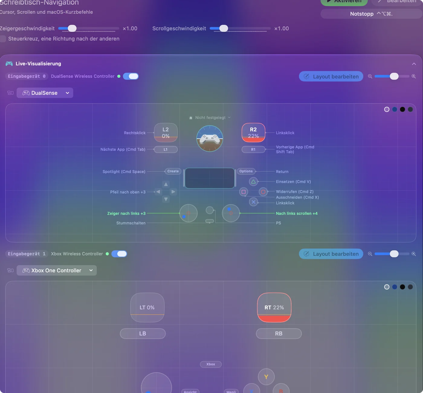 Der Live Visualizer von InputConfig mit zwei Feldern, Input Device 0 ein DualSense Wireless Controller und Input Device 1 ein Xbox Wireless Controller, jeweils mit den Prozentwerten ihrer Trigger.