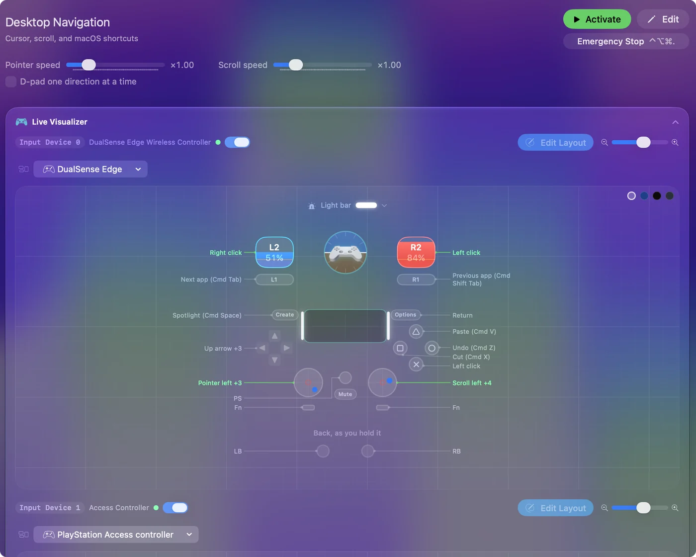 Die eingebaute Voreinstellung Desktop Navigation in InputConfig, mit der Live-Visualizer-Taste, die den Zeiger am linken Stick und die Klicks an den Triggern benennt.
