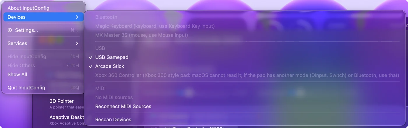 قائمة Devices في InputConfig تعرض أجهزة Bluetooth وUSB، مع علامات على الأجهزة التي يقرؤها InputConfig وعنصر رمادي واحد.