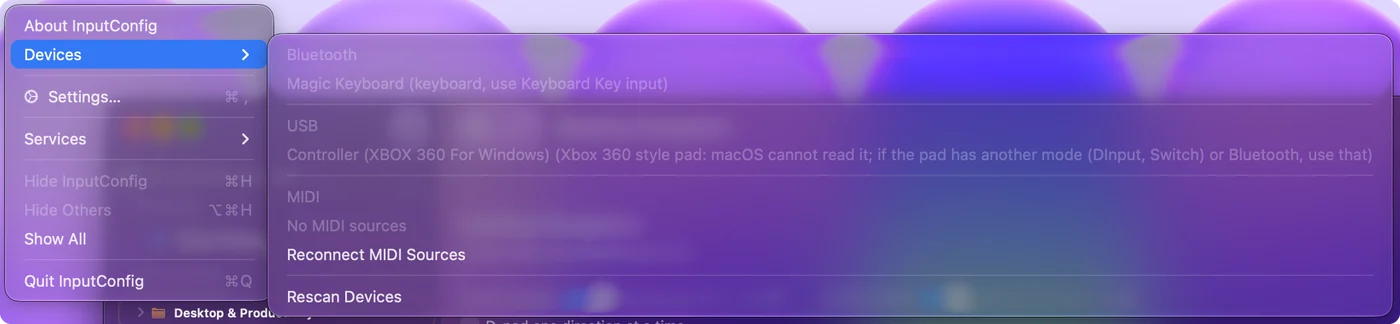 Das Geräte-Menü von InputConfig listet ein USB-Pad im Xbox-360-Modus grau auf, mit dem Grund, warum macOS es nicht lesen kann.