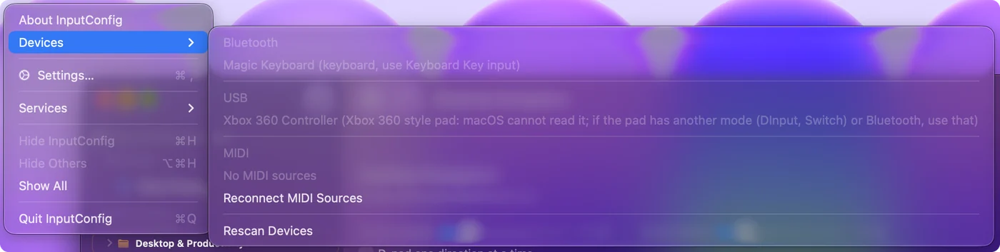 El menú Devices de InputConfig con un mando de Xbox 360 con cable listado en gris, con el motivo por el que macOS no puede leerlo.