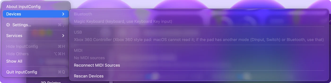 เมนู Devices ของ InputConfig ที่แสดงอาร์เคดสติ๊กในโหมด XInput เป็นสีเทา พร้อมหมายเหตุว่า macOS อ่านไม่ได้
