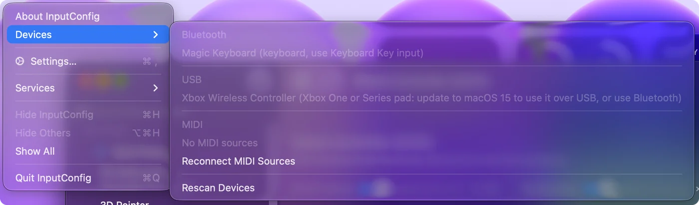 قائمة Devices في InputConfig على macOS 14 تعرض يد Xbox سلكية رمادية، مع ملاحظة بالتحديث إلى macOS 15 أو استخدام Bluetooth.