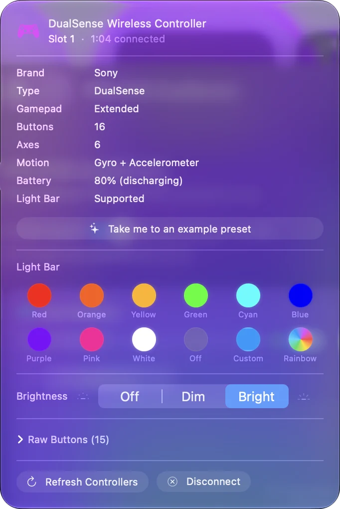 La barre latérale d'InputConfig avec la fenêtre contextuelle de l'entrée d'une DualSense ouverte et le bouton Disconnect visible.
