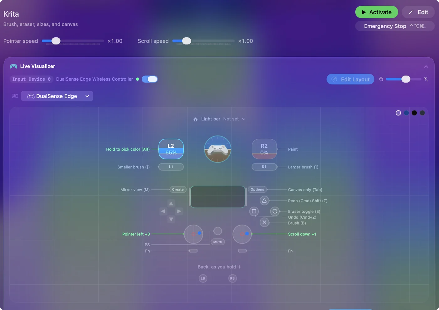 The Krita layout in InputConfig: brush, eraser, undo and redo on the face buttons, brush size on the bumpers.