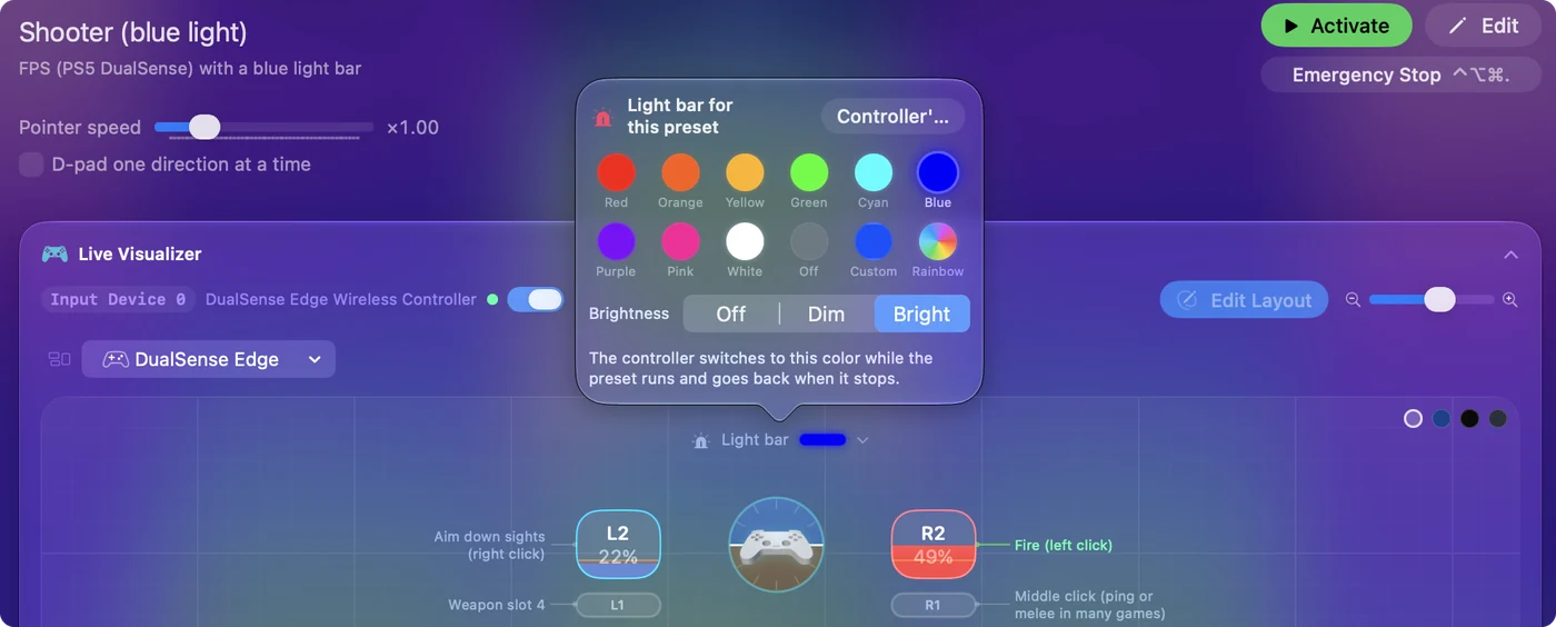 La pagina di un preset in InputConfig con il selettore del colore della barra luminosa del DualSense aperto e un colore blu scelto.