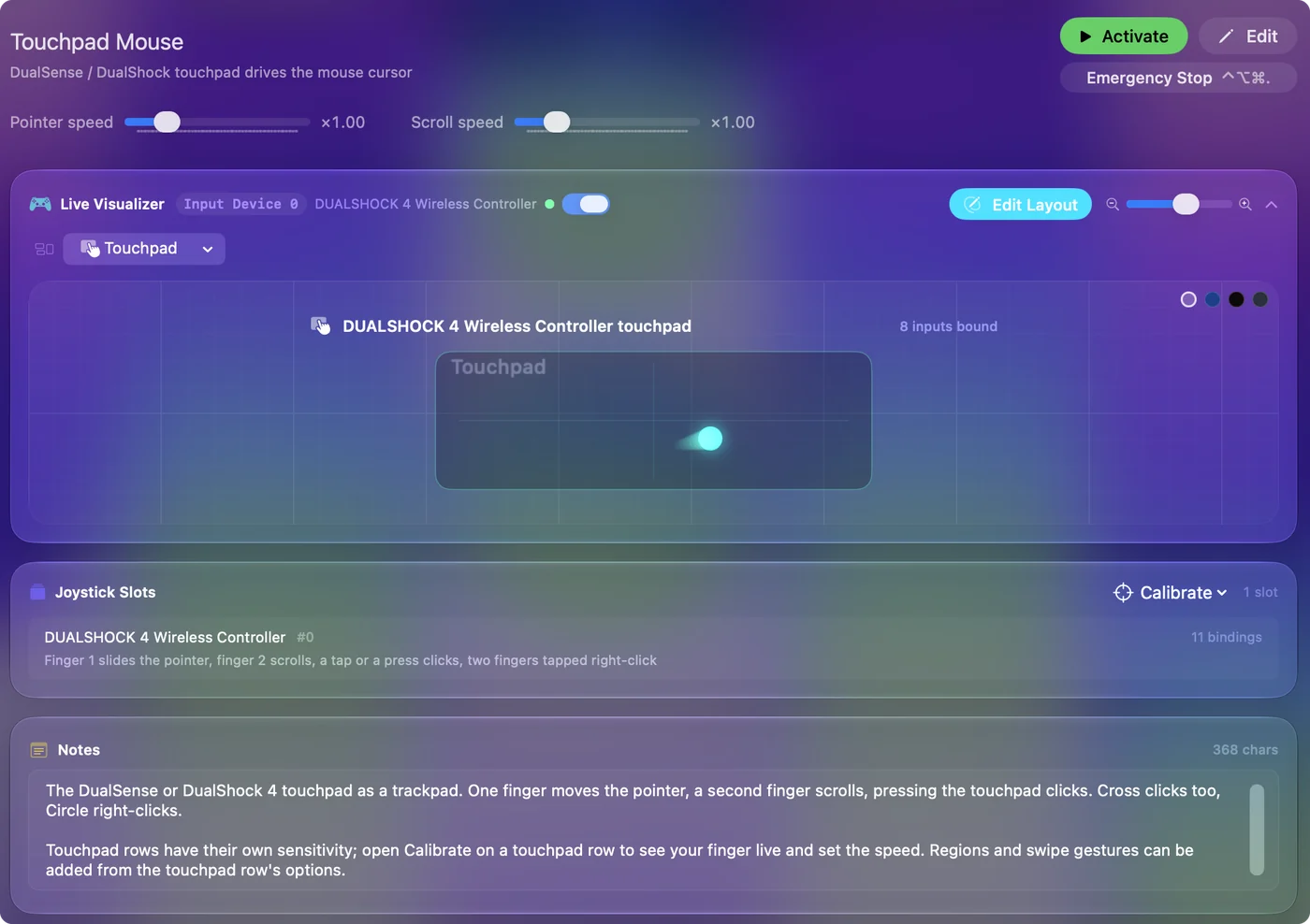 Il preset integrato Touchpad Mouse in InputConfig, con il Live Visualizer che disegna un DualShock 4 e un dito sul suo touchpad.