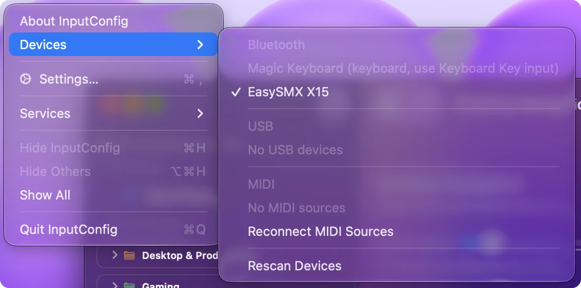 Menu Devices v InputConfig s nadpisy Bluetooth, USB a MIDI, USB gamepad se zaškrtnutím a klávesnice uvedená šedě u svého druhu.