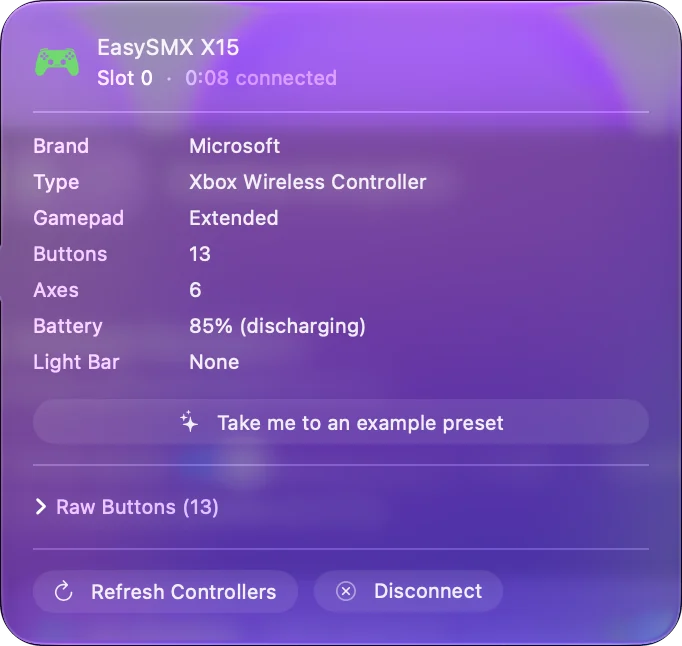 Vyskakovací okno pro EasySMX X15 nahoře v postranním panelu InputConfig, které uvádí značku, typ, tlačítka, osy a baterii, s tlačítky Refresh Controllers a Disconnect.