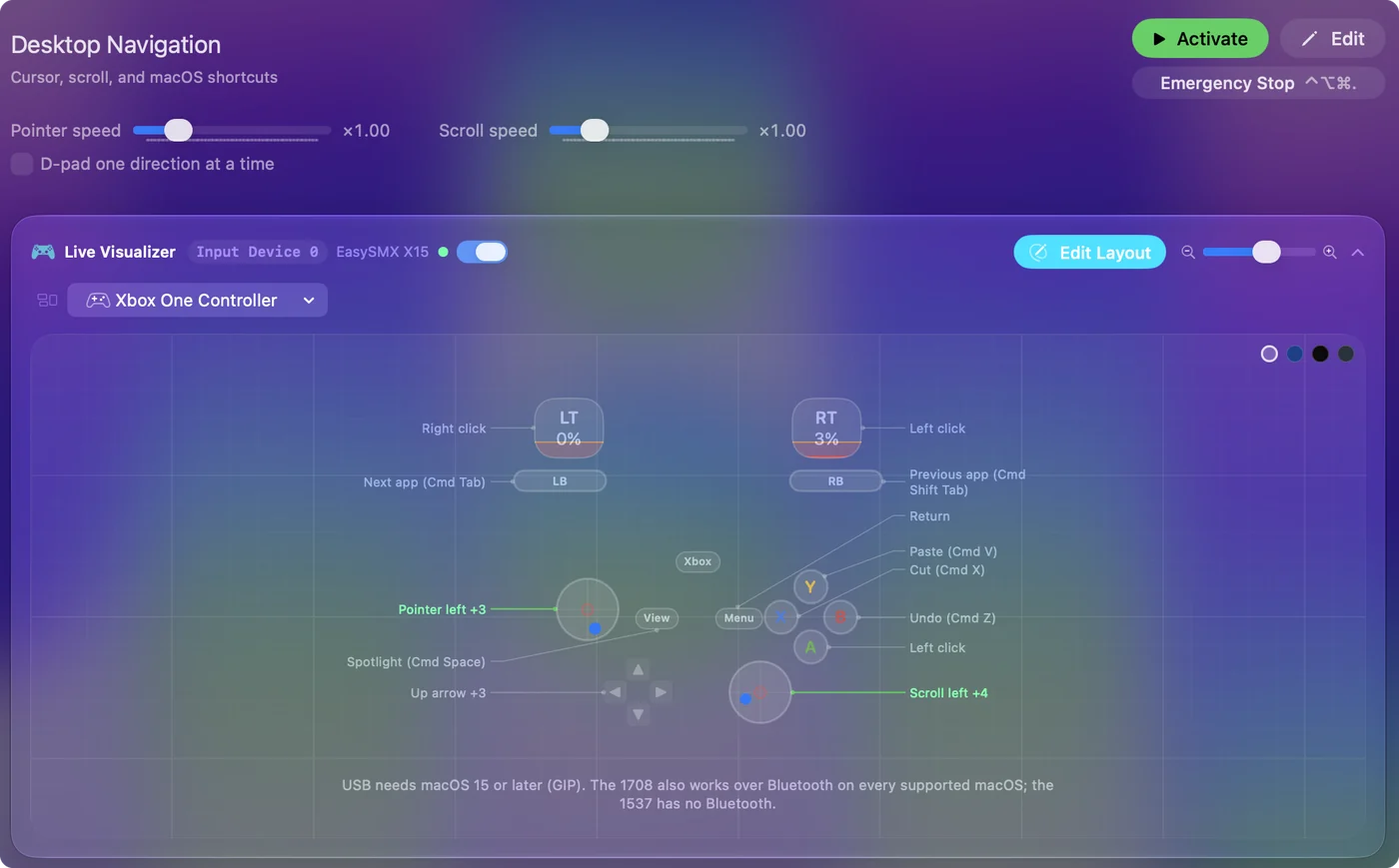 Live Visualizer v InputConfig s předvolbou Desktop Navigation a připojeným EasySMX X15, jehož stisknutá tlačítka svítí.