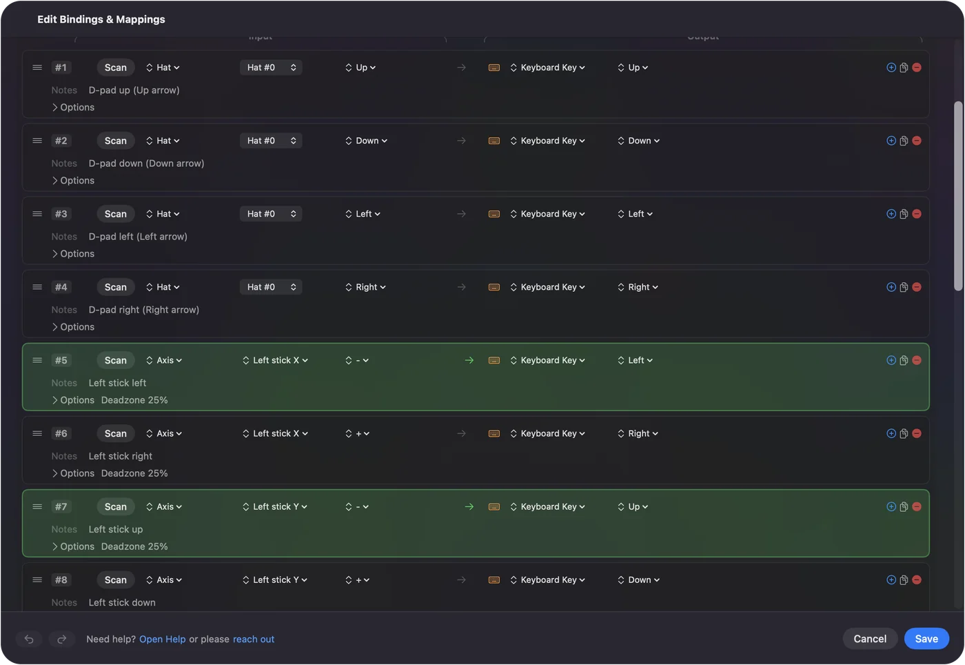 Editor InputConfig pro rozložení Emulator / Arcade, se řádky křížového ovladače posílajícími čtyři šipky a řádky A a B posílajícími Z a X.