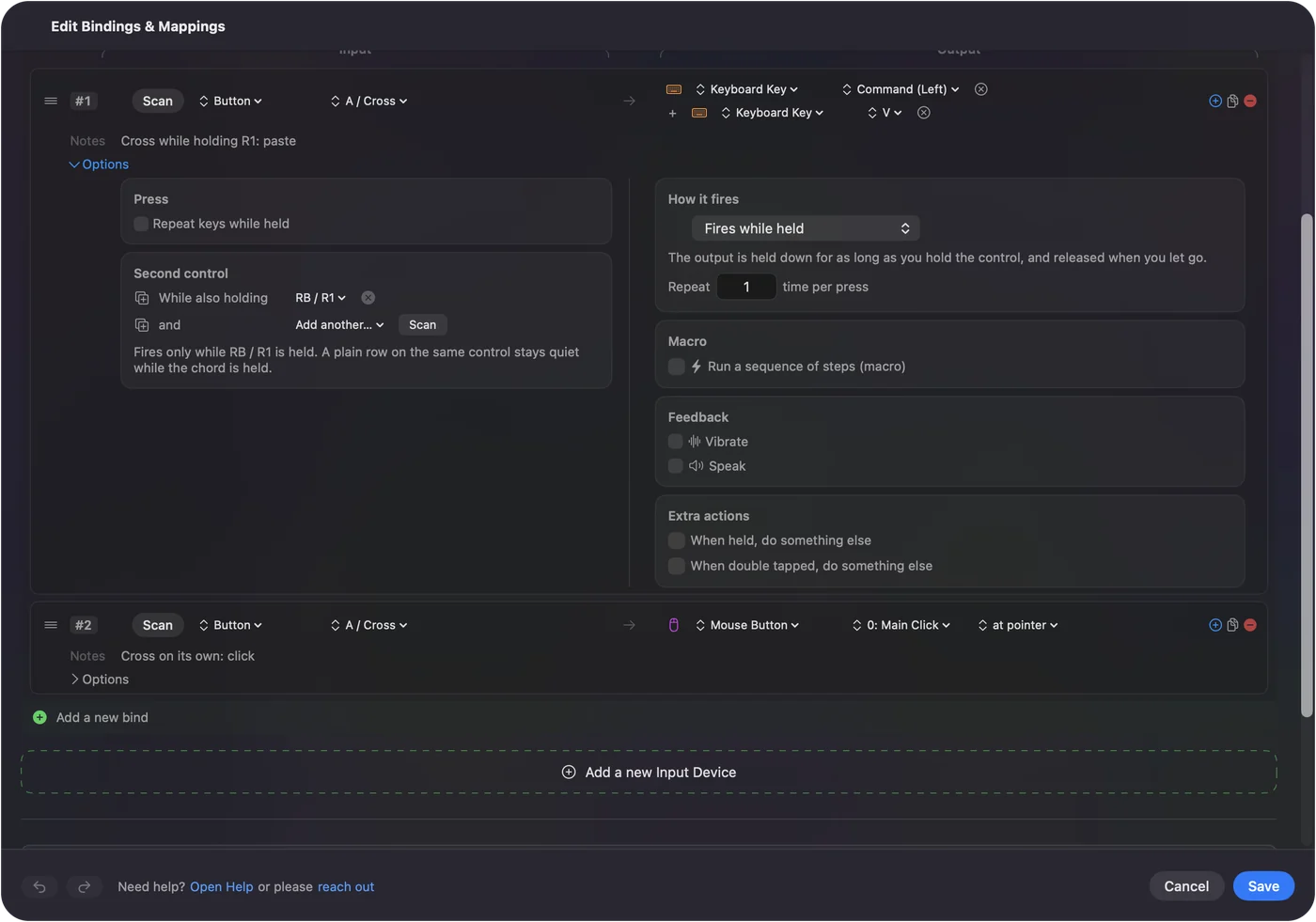 Una riga nell'editor di InputConfig con le Opzioni aperte e While also holding impostato sul dorsale destro, così la riga scatta solo mentre quel dorsale è tenuto premuto.