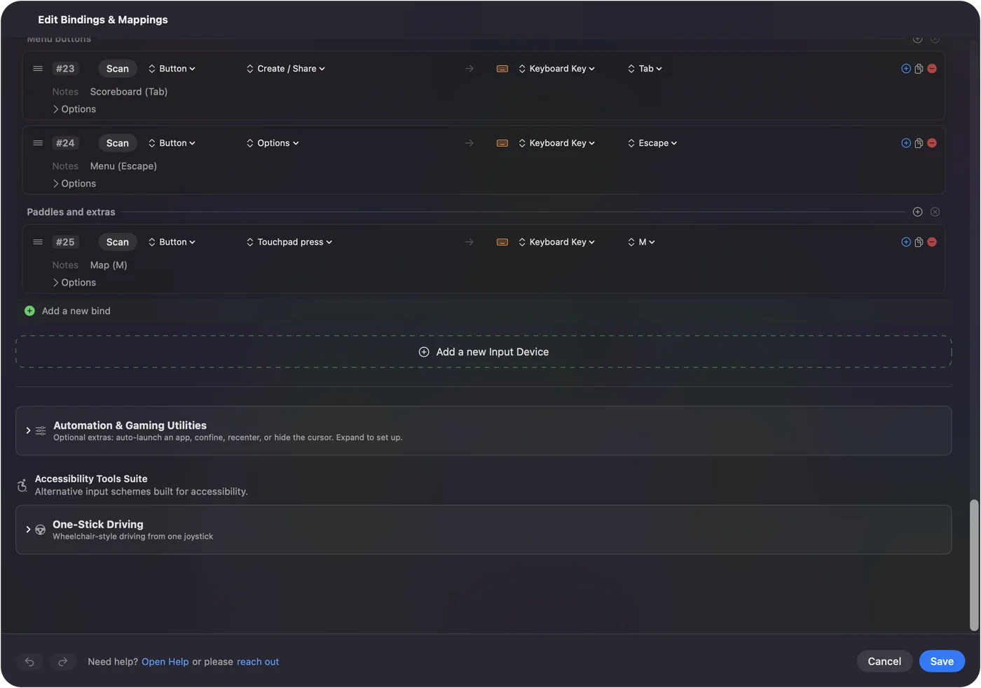 De editor van InputConfig voor FPS (DualSense), met de rij voor de touchpaddruk die M stuurt en de rij voor Share die Tab stuurt.