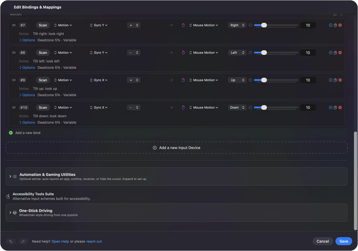 The InputConfig editor with four Motion rows, Gyro X plus and minus and Gyro Y plus and minus, each sending Mouse Motion in one direction at speed 10.