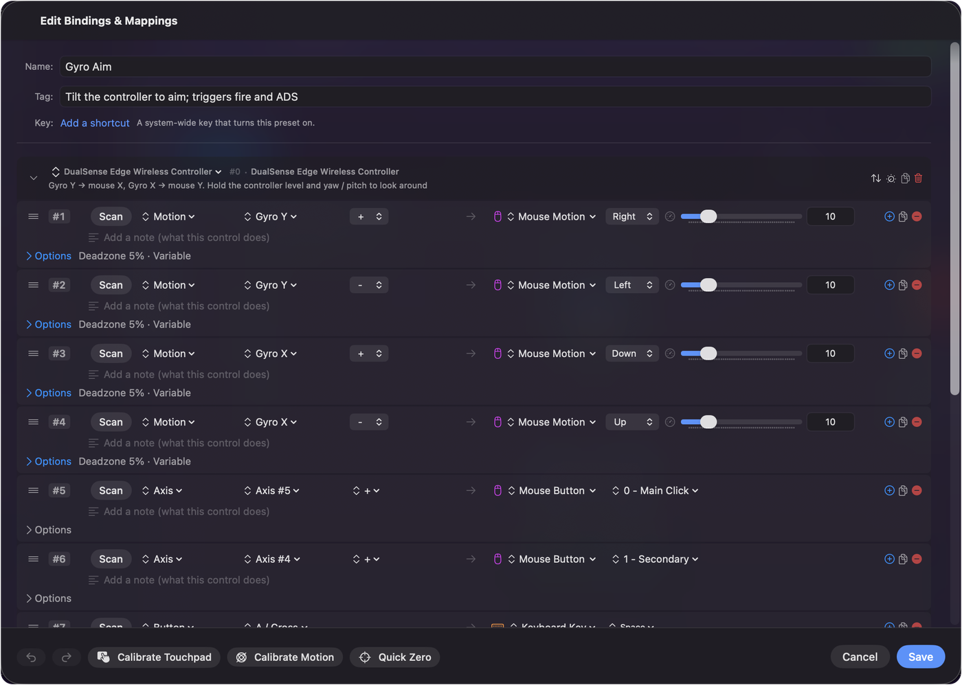The InputConfig binding editor showing the Gyro Aim preset: Gyro Y plus and minus bound to mouse motion right and left, Gyro X plus and minus bound to mouse motion down and up, each with a 5 percent deadzone and variable sensitivity, and the triggers bound to mouse clicks