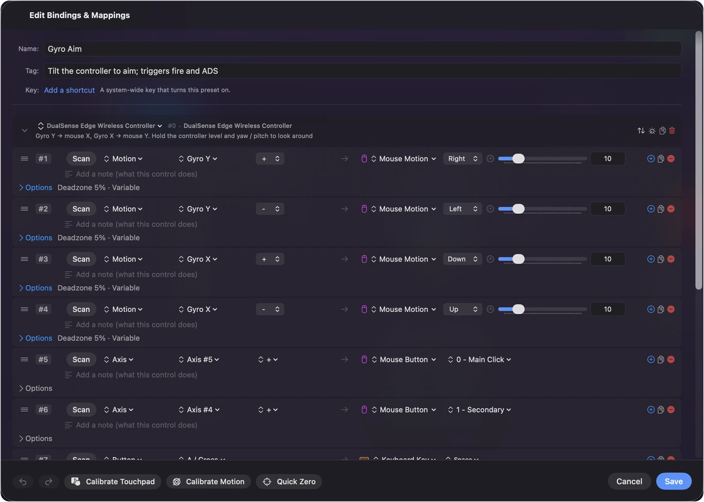 The InputConfig binding editor showing the Gyro Aim preset: Gyro Y plus and minus bound to mouse motion right and left, Gyro X plus and minus bound to mouse motion down and up, each with a 5 percent deadzone and variable sensitivity, and the triggers bound to mouse clicks