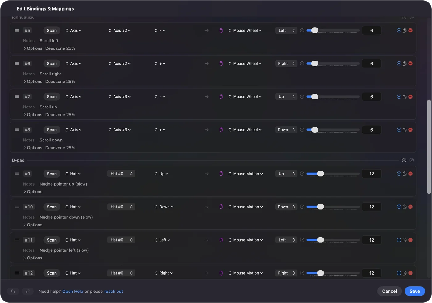 The InputConfig editor for Mouse + Scroll: right stick rows sending Mouse Wheel up, down, left and right at speed 6, and D-pad rows nudging the pointer at speed 12.