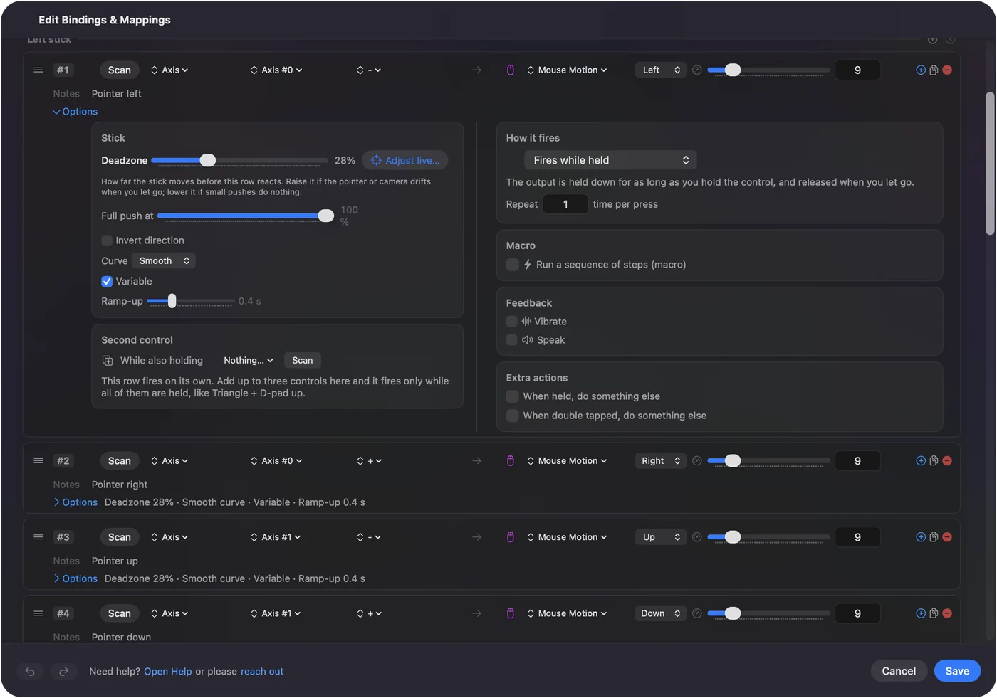 The InputConfig binding editor showing a left stick row's Options in Easy Browse: speed 9, deadzone 28 percent, the Smooth curve, Variable on, and Ramp-up at 0.4 seconds.