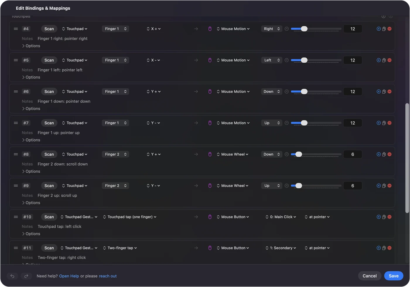 The InputConfig editor for Touchpad Mouse: finger 1 moves the pointer, finger 2 scrolls, the touchpad press and a one-finger tap left-click, and a two-finger tap right-clicks.