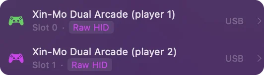 InputConfig listant un encodeur d'arcade à deux joueurs comme deux manettes, la seconde marquée joueur 2.
