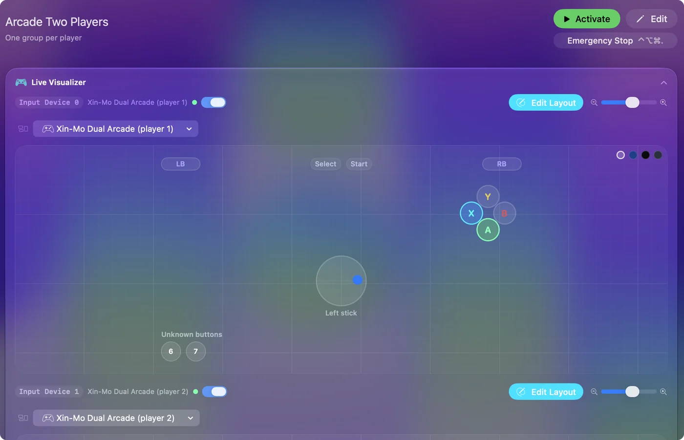 Le Live Visualizer d'InputConfig montrant le levier et les boutons d'un encodeur d'arcade, avec les entrées appuyées allumées.