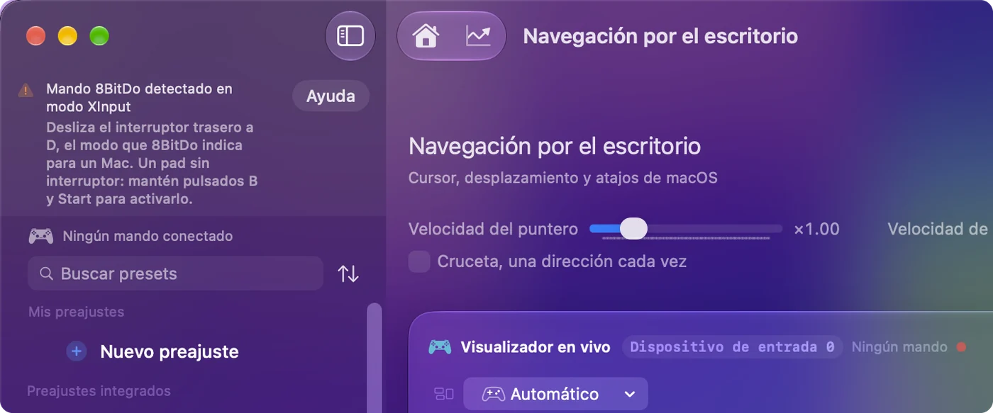La ventana principal de InputConfig con un aviso que dice que se detectó un mando 8BitDo en modo X, y el modo que hay que usar para ese modelo.