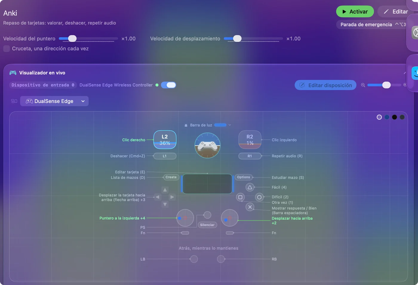El preajuste de Anki integrado en InputConfig, con la leyenda del Live Visualizer que nombra Again, Hard, Good y Easy en los cuatro botones frontales.