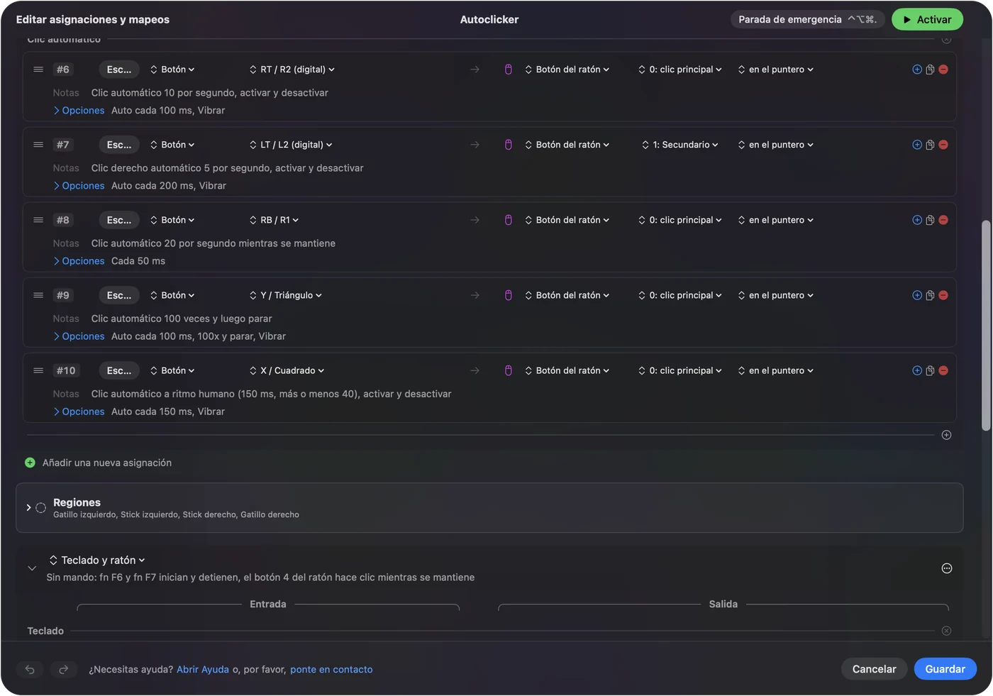 Filas del preajuste Auto Clicker integrado de InputConfig: botones de mando que envían Main Click o Secondary en el puntero, con notas como Auto click 10 a second, Auto click 100 times then stop y un ritmo humano de 150 ms más o menos 40.