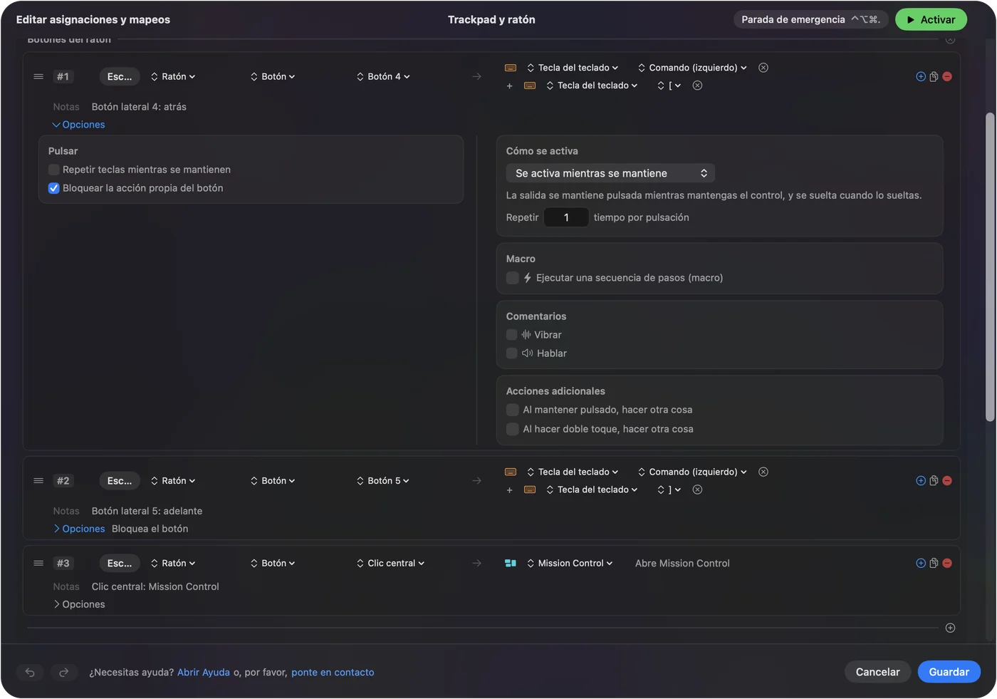 El editor de asignaciones de InputConfig con dos filas de botón del ratón que envían Command corchete izquierdo y Command corchete derecho, con Block the button's own action marcado en la primera.