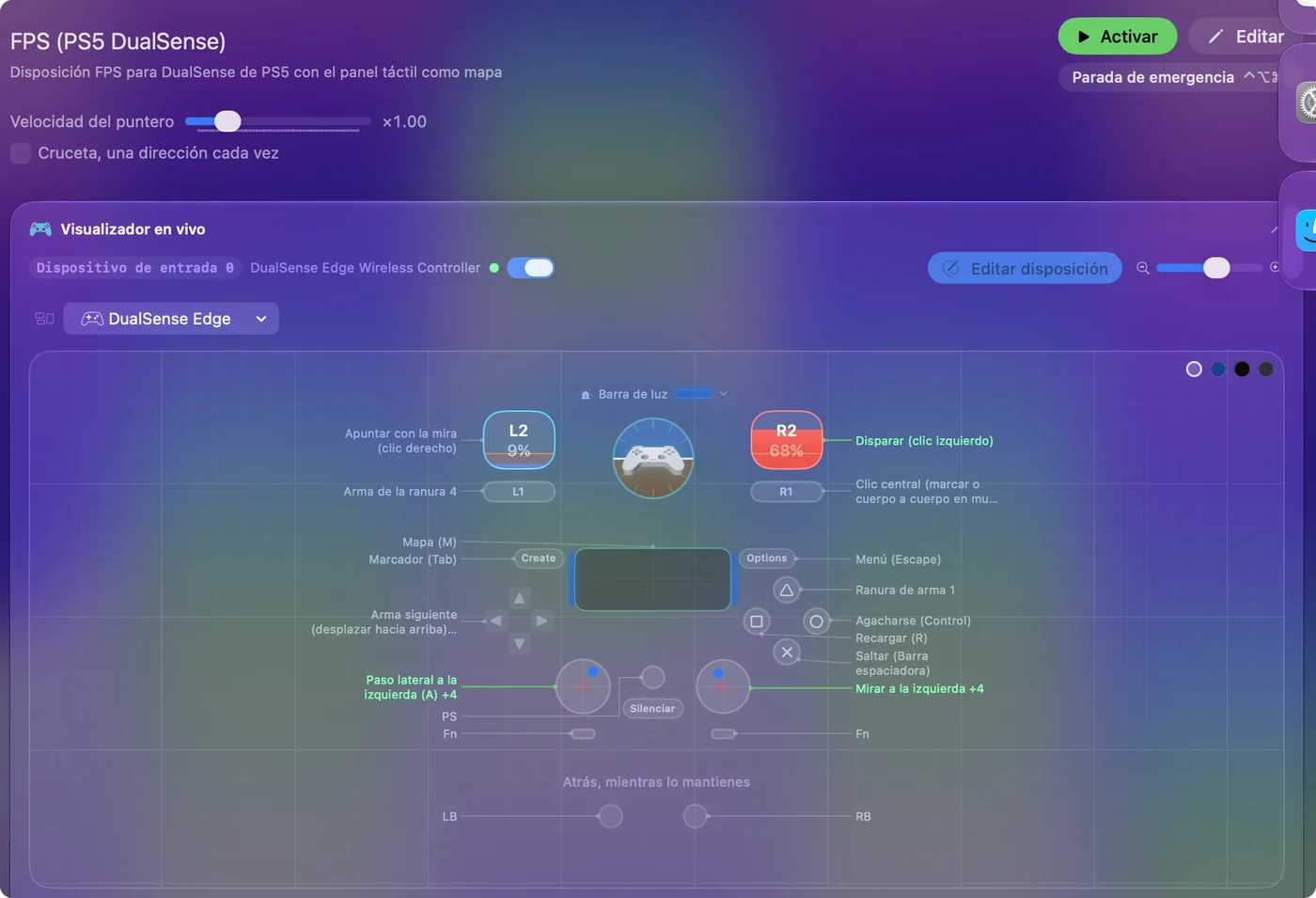 El Live Visualizer de InputConfig con un DualSense Edge y una botonera de FPS: gatillos, botones frontales, panel táctil y sticks marcados con sus teclas