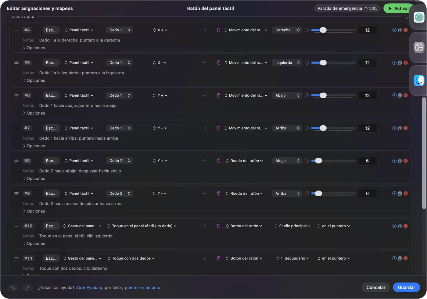 El editor de InputConfig con una fila del panel táctil que mueve el puntero, con filas de toque y toque con dos dedos debajo.
