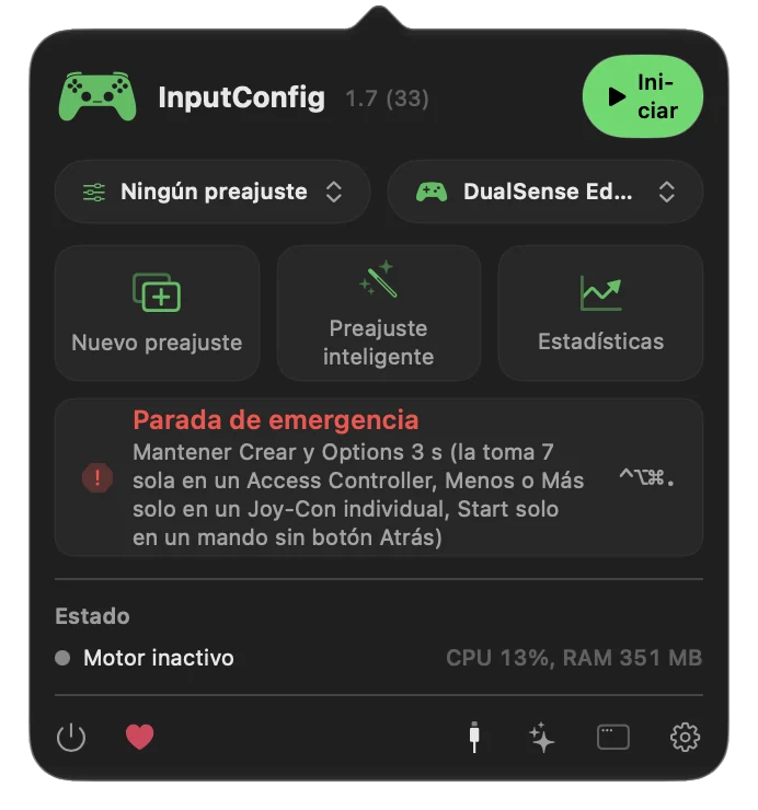 El menú emergente de InputConfig en la barra de menús con el botón Emergency Stop, la pulsación larga del mando enumerada debajo y el atajo de teclado a la derecha.