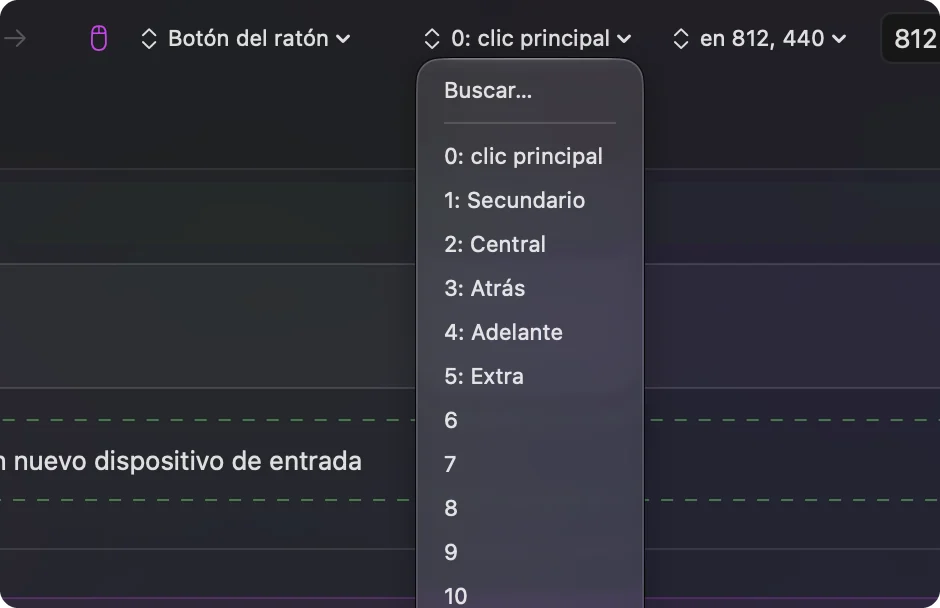 El menú de salida de una fila de ratón en InputConfig.