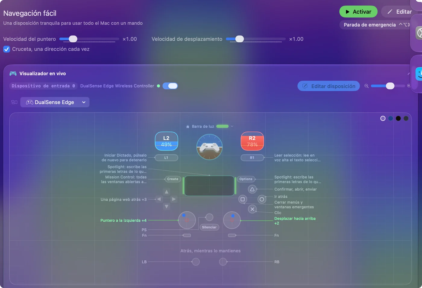 Una página de preajuste en InputConfig con los deslizadores Pointer speed y Scroll speed sobre un Live Visualizer de un DualSense Edge.