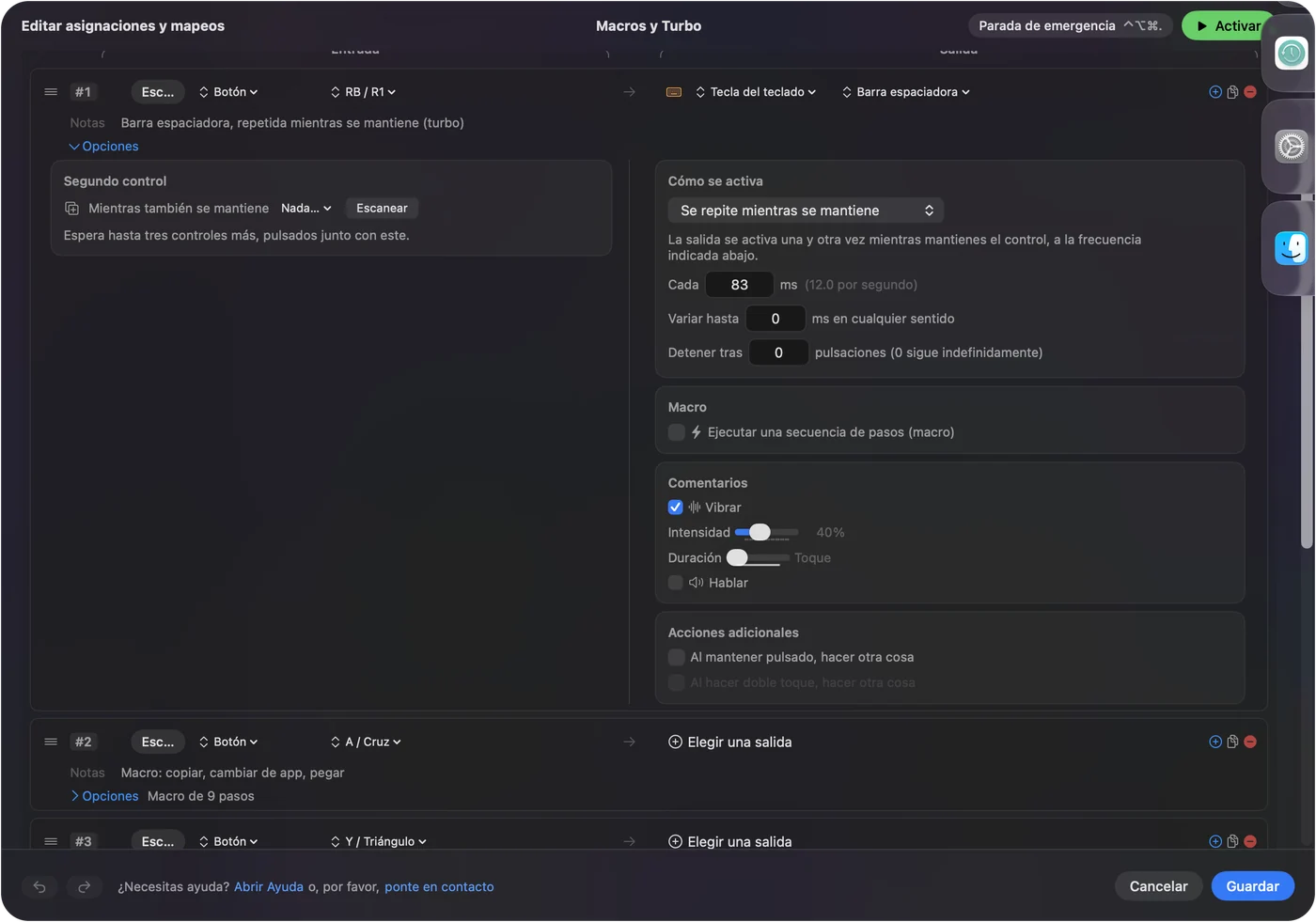 La fila R1 del preajuste Macros and Turbo en InputConfig, que envía Space con How it fires en Repeats while held, Every 83 ms mostrado como 12.0 per second, Vary by up to 0 y Stop after 0, con Vibrate marcado.