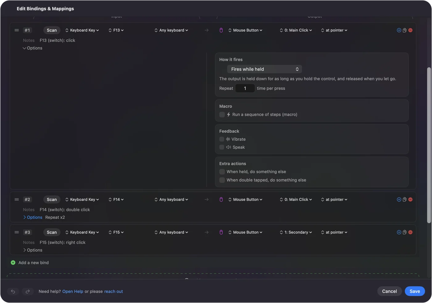 صف في محرر InputConfig وخياراته مفتوحة: صفوف يرسل فيها F13 وF14 وF15 من مفاتيح منفردة نقرة ونقرتين ونقرة يمنى.