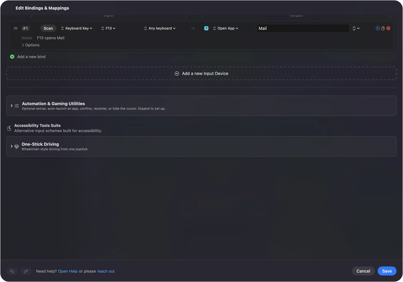 Řádek v editoru InputConfig s F13 jako vstupem a Open App s aplikací Mail jako výstupem.