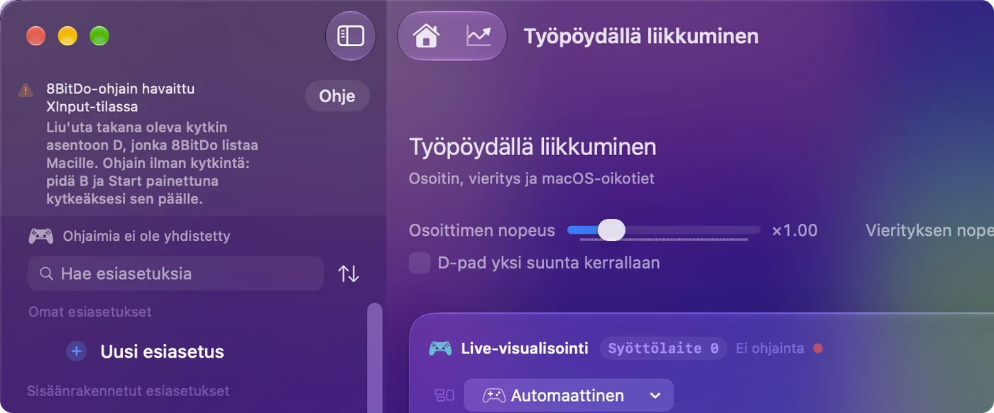 InputConfigin pääikkuna huomautuksella, että 8BitDo-ohjain havaittiin X-tilassa, ja tila jota kyseiselle mallille käytetään.
