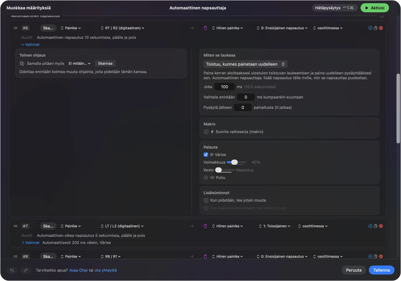 Rivin Options InputConfigin editorissa: How it fires asetettu arvoon toistuu, kunnes painetaan uudelleen, Every 100 ms ja sen vieressä 10.0 per second, sekä Vary by up to ja Stop after alla.