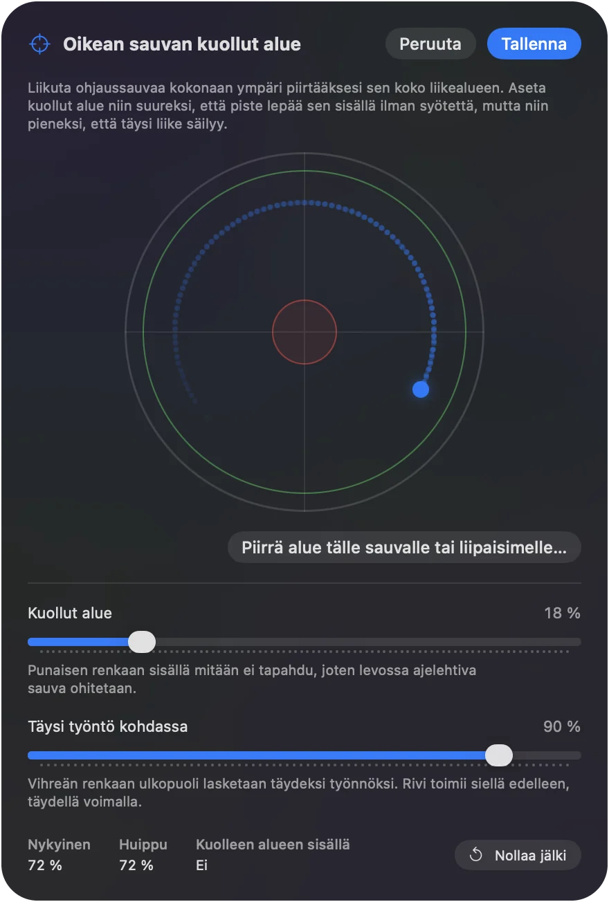 Kuollut alue -kalibraattori, jossa on leveä Deadzone ja lyhyeksi asetettu Full push at.