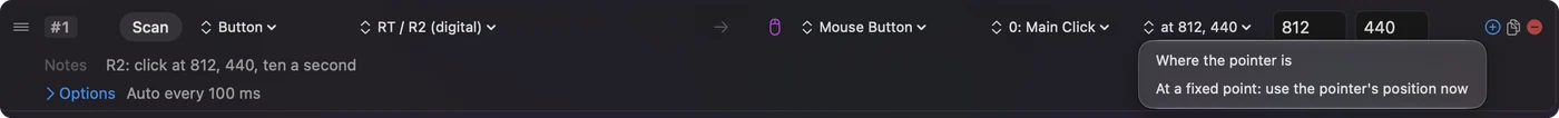 The menu beside a Mouse Button output in the InputConfig editor, open on two choices: Where the pointer is, and At a fixed point: use the pointer's position now.